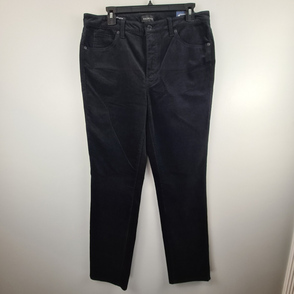 Talbots Womens 10 Black Corduroy Straight Leg Pants 5-Pocket Mid Rise Stretch